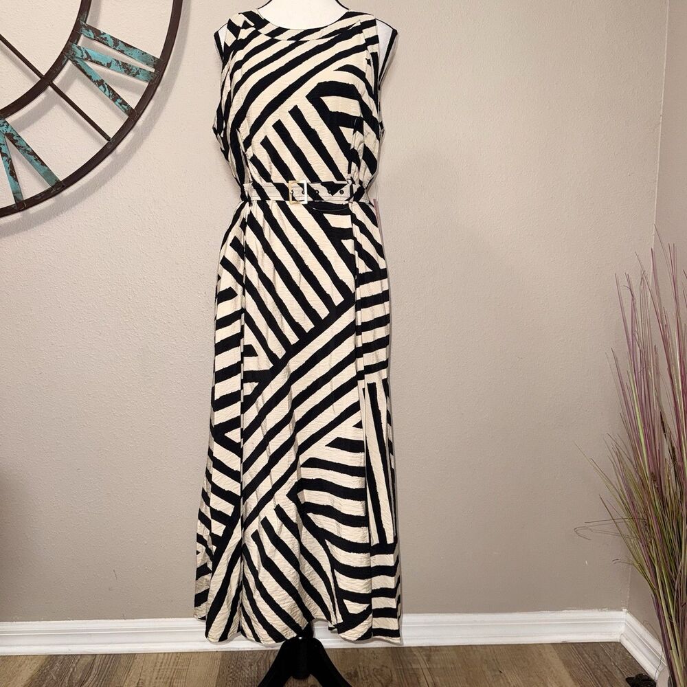 Karl Lagerfeld Paris Maxi Dress Size 4 NWT Sleeveless Lined Tan & Black Stripe